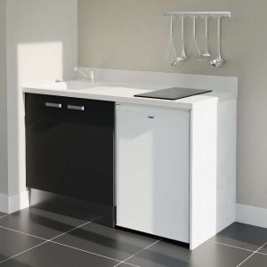 Kitchenette K17 - 140 cm avec plan monobloc évier intégré blanc, meuble façade en coloris noir et emplacement frigo top