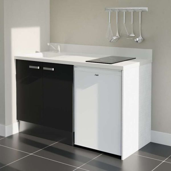Kitchenette K17 - 140 cm avec plan monobloc évier intégré blanc, meuble façade en coloris noir et emplacement frigo top