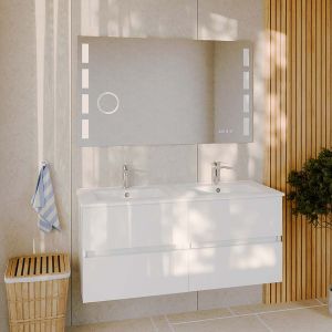 Meuble double vasque blanc 120 cm ROSALY plan vasque en céramique avec miroir Excell Plus avec intensité modulable, loupe et ant