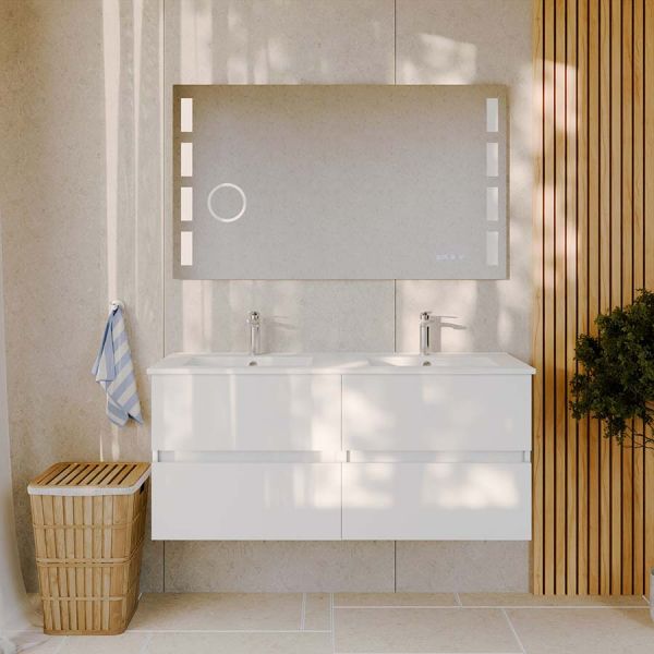 Meuble double vasque blanc 120 cm ROSALY plan vasque en céramique avec miroir Excell Plus avec intensité modulable, loupe et ant