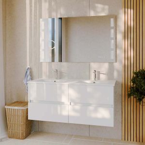 Meuble double vasque blanc 120 cm ROSALY plan vasque en céramique avec miroir Excell Plus avec intensité modulable, loupe et ant