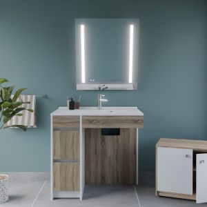 Meuble salle de bain PMR ANDY PLUS 90 cm bois et blanc + miroir Rota Plus - Vasque déportée à droite