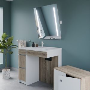 Meuble salle de bain PMR ANDY PLUS 90 cm bois et blanc + miroir Rota Plus - Vasque déportée à droite