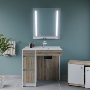Meuble salle de bain PMR ANDY PLUS 90 cm bois et blanc + miroir Rota Plus - Vasque déportée à droite
