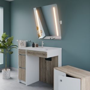Meuble salle de bain PMR ANDY PLUS 90 cm bois et blanc + miroir Rota Plus - Vasque déportée à droite