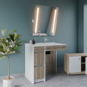 Meuble salle de bain PMR ANDY PLUS 90 cm bois et blanc + miroir Rota Plus - Vasque déportée à droite