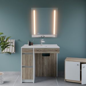Meuble salle de bain PMR ANDY PLUS 90 cm bois et blanc + miroir Rota Plus - Vasque déportée à droite