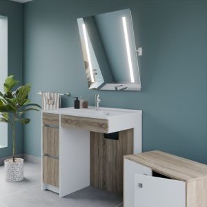 Meuble salle de bain PMR ANDY PLUS 90 cm bois et blanc + miroir Rota Plus - Vasque déportée à droite