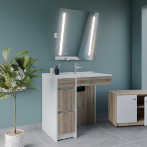 Meuble salle de bain PMR ANDY PLUS 90 cm bois et blanc + miroir Rota Plus - Vasque déportée à droite