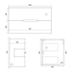 Dimensions meuble salle de bain pour vasque à poser KLASS 100 cm - Blanc et Bois