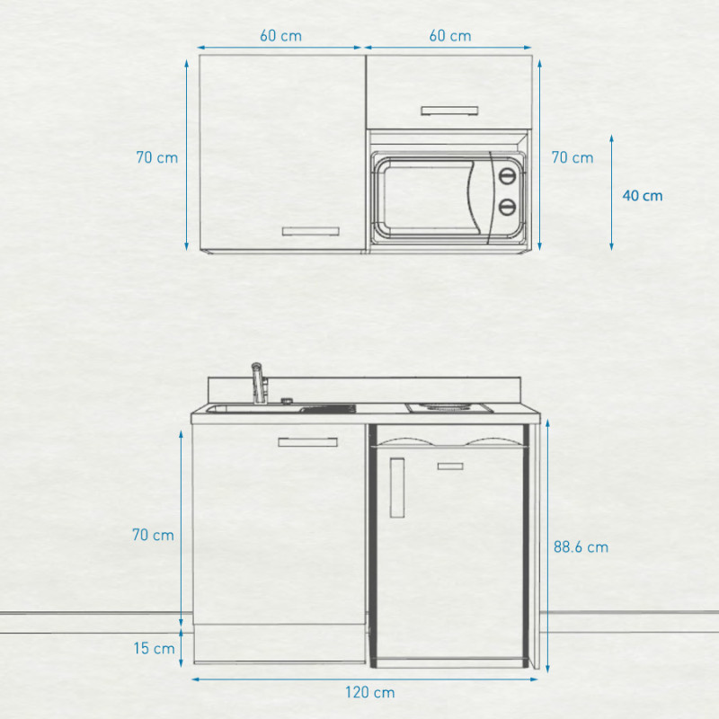 Kitchenette K07 - 120cm avec emplacement frigo top et micro-ondes