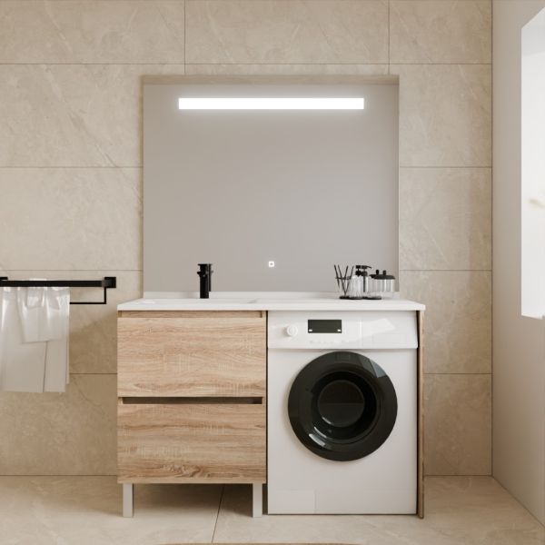 Meuble lave-linge IDEA, plan vasque déportée + Miroir Elégance h105