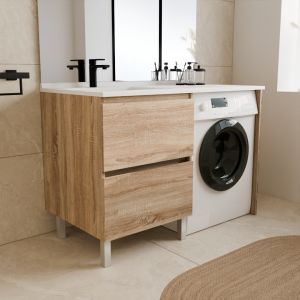 Meuble pour lave-linge IDEA, plan vasque déportée à gauche 124 cm x 65 cm - Coloris Bois