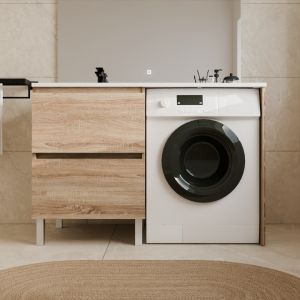 Meuble pour lave-linge IDEA, plan vasque déportée à gauche 124 cm x 65 cm - Coloris Bois