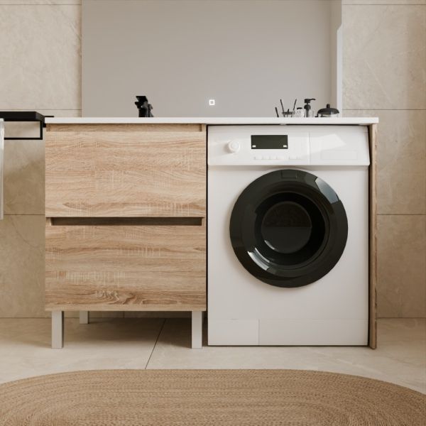 Meuble pour lave-linge IDEA, plan vasque déportée à gauche 124 cm x 65 cm - Coloris Bois