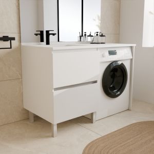 Meuble pour lave-linge IDEA, plan vasque déportée à gauche 124 cm x 65 cm - Coloris Blanc