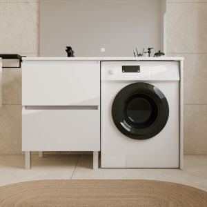 Meuble pour lave-linge IDEA, plan vasque déportée à gauche 124 cm x 65 cm - Coloris Blanc