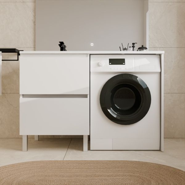 Meuble pour lave-linge IDEA, plan vasque déportée à gauche 124 cm x 65 cm - Coloris Blanc