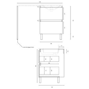Dimensions du meuble pour lave-linge IDEA, plan vasque déportée 124 cm x 65 cm