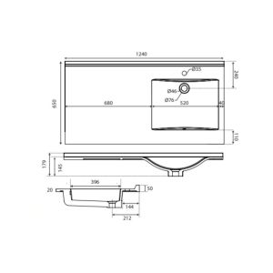 Dimensions du plan vasque déporté à gauche ou à droite meuble pour lave-linge IDEA 124 cm x 65 cm