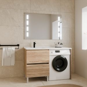 Meuble lave-linge IDEA, plan vasque déportée + Miroir Prestige