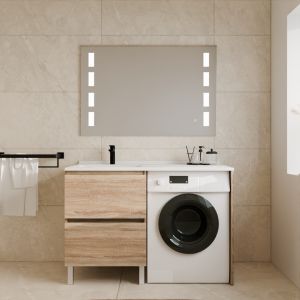Meuble lave-linge IDEA, plan vasque déportée + Miroir Prestige