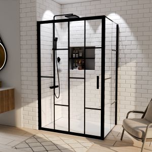 Paroi de douche d'angle effet verrière ATELIA avec porte coulissante 120 cm x 90 cm Paroi de douche d'angle effet verrière ATELIA avec porte coulissante 120 cm x 90 cm