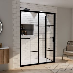 Paroi de douche d'angle effet verrière ATELIA avec porte coulissante 140 cm x 80 cm Paroi de douche d'angle effet verrière ATELIA avec porte coulissante 140 cm x 80 cm
