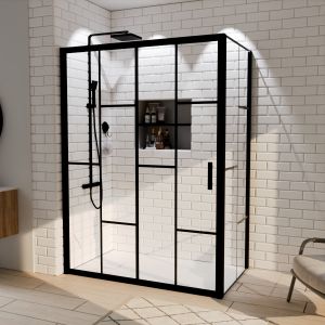 Paroi de douche d'angle effet verrière ATELIA avec porte coulissante 140 cm x 80 cm Paroi de douche d'angle effet verrière ATELIA avec porte coulissante 140 cm x 80 cm