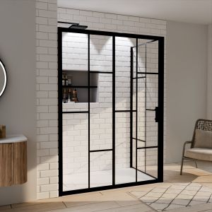 Paroi de douche d'angle effet verrière ATELIA avec porte coulissante 140 cm x 90 cm Paroi de douche d'angle effet verrière ATELIA avec porte coulissante 140 cm x 90 cm