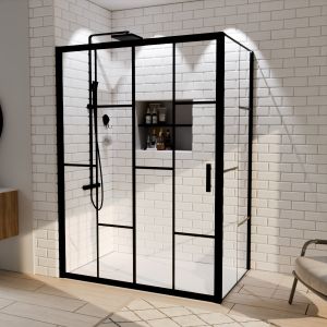 Paroi de douche d'angle effet verrière ATELIA avec porte coulissante 140 cm x 90 cm Paroi de douche d'angle effet verrière ATELIA avec porte coulissante 140 cm x 90 cm