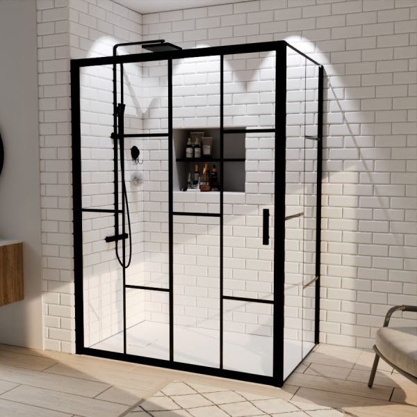 Paroi de douche d'angle effet verrière ATELIA avec porte coulissante 140 cm x 90 cm