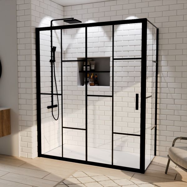 Paroi de douche d'angle effet verrière ATELIA avec porte coulissante 160 cm x 80 cm