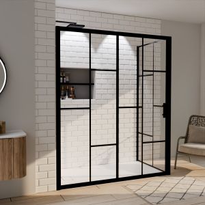 Paroi de douche d'angle effet verrière ATELIA avec porte coulissante 160 cm x 90 cm Paroi de douche d'angle effet verrière ATELIA avec porte coulissante 160 cm x 90 cm