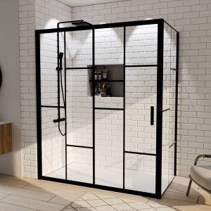 Paroi de douche d'angle effet verrière ATELIA avec porte coulissante 160 cm x 90 cm Paroi de douche d'angle effet verrière ATELIA avec porte coulissante 160 cm x 90 cm