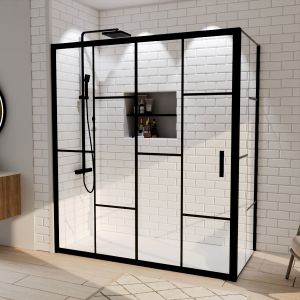 Paroi de douche d'angle effet verrière ATELIA avec porte coulissante 170 cm x 80 cm Paroi de douche d'angle effet verrière ATELIA avec porte coulissante 170 cm x 80 cm