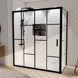 Paroi de douche d'angle effet verrière ATELIA avec porte coulissante 170 cm x 90 cm Paroi de douche d'angle effet verrière ATELIA avec porte coulissante 170 cm x 90 cm