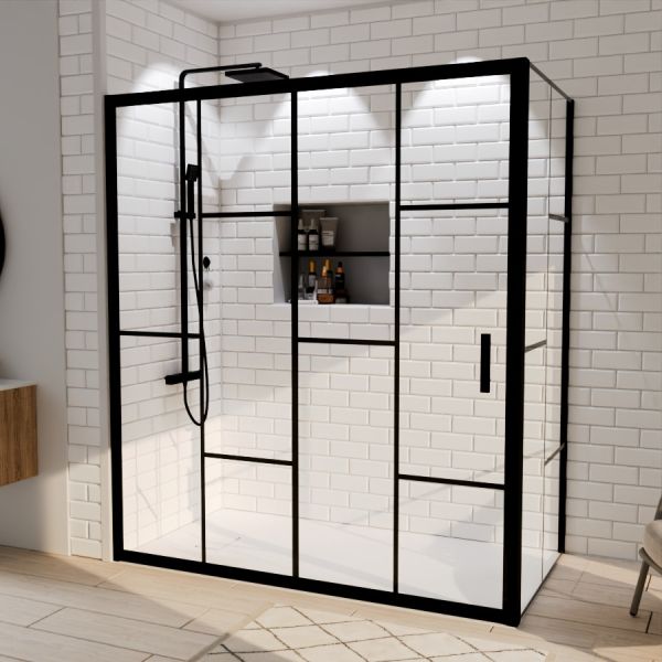Paroi de douche d'angle effet verrière ATELIA avec porte coulissante 170 cm x 90 cm