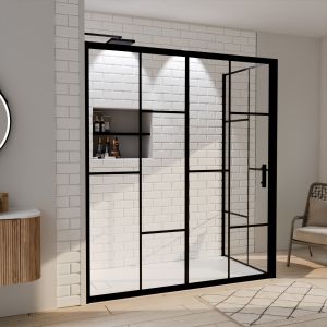 Paroi de douche d'angle effet verrière ATELIA avec porte coulissante 170 cm x 90 cm Paroi de douche d'angle effet verrière ATELIA avec porte coulissante 170 cm x 90 cm