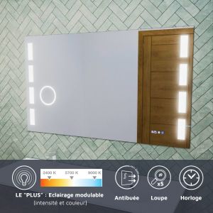 Miroir LED réglable EXCELL PLUS - 120 x 70 cm avec antibuée, loupe et horloge 