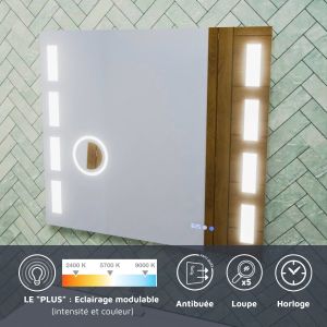 Miroir LED réglable EXCELL PLUS - 80 x 70 cm avec antibuée, loupe et horloge