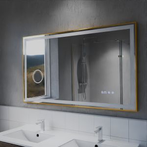 Miroir LED cadre doré CARA 120 cm x 70 cm - antibuée, horloge et loupe