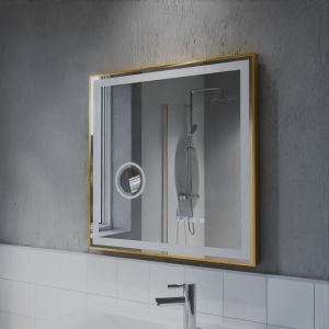 Miroir LED cadre doré CARA 80 cm x 70 cm - antibuée, horloge et loupe