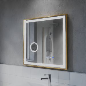 Miroir LED cadre doré CARA 70 cm x 70 cm - antibuée, horloge et loupe