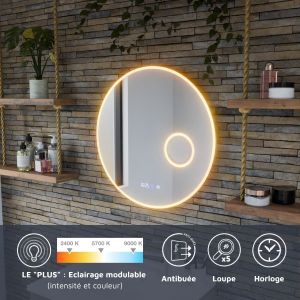 Miroir lumineux rond RONDI PLUS 60 cm - antibuée, horloge et loupe 
