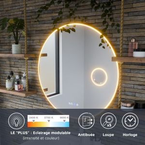 Miroir rond RONDI PLUS 80 cm - Eclairage LED réglable, antibuée, horloge et loupe