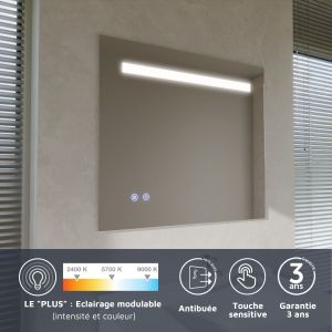 Miroir lumineux ELEG PLUS 90x80 cm - LED réglable, antibuée, interrupteur sensitif