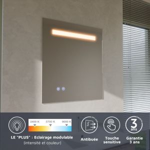 Miroir lumineux ELEG PLUS 70x80 cm - LED réglable, antibuée, interrupteur sensitif