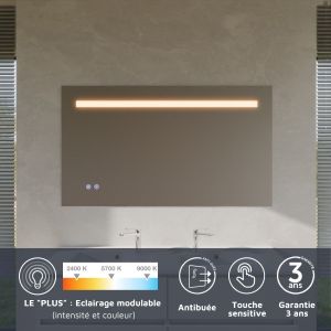 Miroir lumineux ELEG PLUS 140x80 cm - LED réglable, antibuée, interrupteur sensitif