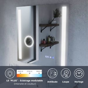 Miroir LED avec antibuée, loupe et horloge DUETTO - 70 x 70 cm